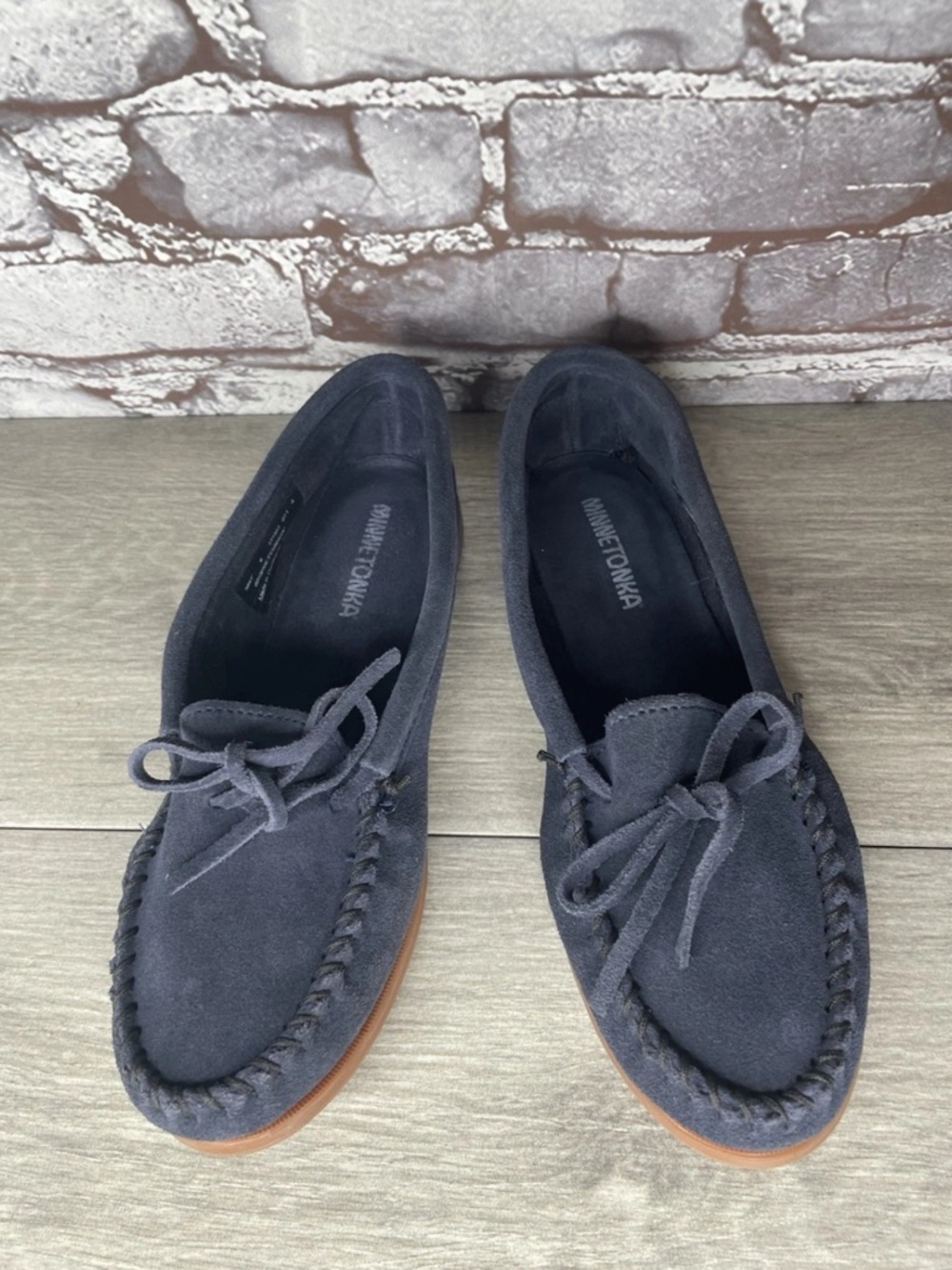 Minnetonka Blue Suede Leather Moccasin Kilty Fringe Shoes Women Sz 8M US/38.5EU
